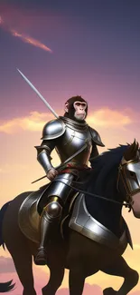 Valiant monkey knight on horse under sunset sky.