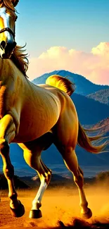 Golden horse galloping across a dramatic sunset landscape with mountains.