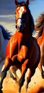 Three horses gallop on desert sand during a vibrant, sunset-lit scene.