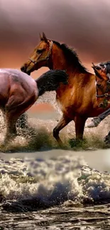 Wild horses galloping at sunset along the ocean shore.