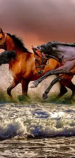 Majestic horses gallop through ocean waves at sunset.