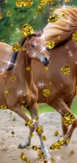 Two elegant horses galloping with gold glitter accents.