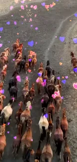 Herd of horses running with glowing purple and pink hearts on a dusty road.