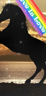 Silhouette of horse with rainbow banner at sunset reflecting on water.