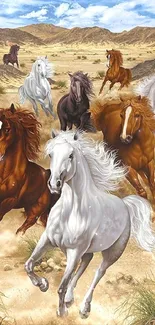 Galloping wild horses in a desert landscape mobile wallpaper.