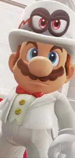 Cartoon character in white suit and red hat from a popular video game.