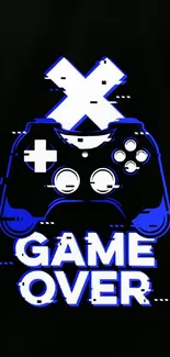 Game Over wallpaper with gaming controller and blue glitch effect on black background.