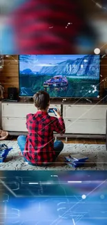 Child playing video games on a TV with game console and vibrant graphics.