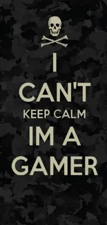 Gamer theme wallpaper with skull and bold text on black camouflage.