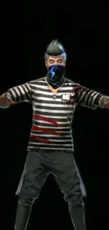 Gamer character in dark striped attire with blue highlights on black background.