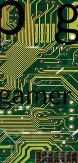 Green circuit board design with gamer text.