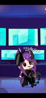 Gamer girl animation with purple hair and digital screens, futuristic design.