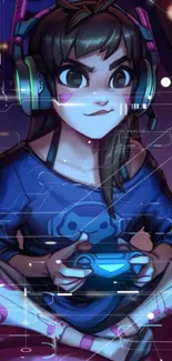 Anime-style girl gaming in neon artwork.