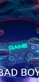 Neon blue game controller with hooded figure and 'Bad Boy' text.