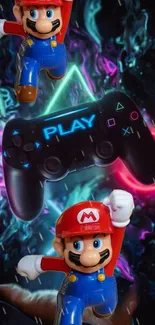 Vibrant neon gaming wallpaper with Mario and controller.