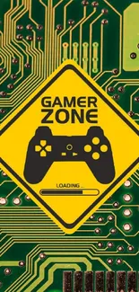 Gamer Zone wallpaper with green circuits and yellow sign.