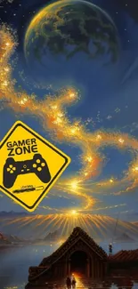 Gamer Zone sign in a cosmic landscape with game controller.