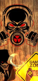 Gamer zone wallpaper with gas mask and warning sign on wood texture.