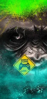 Vibrant gorilla illustration with Gamer Zone sign on cyan background.