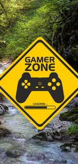 Gamer Zone sign over a lush forest with a stream.