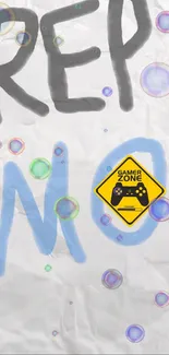 Bold text and bubbles on a Gamer Zone wallpaper