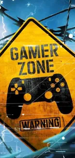 Vibrant gamer zone wallpaper with yellow warning sign and controller.