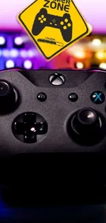 Colorful gaming controller with RGB keyboard backdrop.