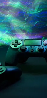 Neon-lit gaming controllers on vibrant background.