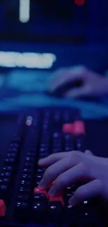 Hands on a black gaming keyboard with red keys and blue lighting.