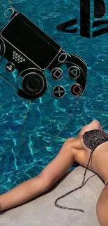 Gaming controller with poolside vibes and summer relaxation.