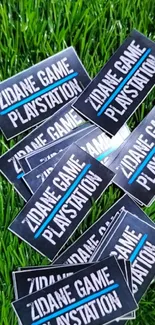 PlayStation gaming stickers on green grass.