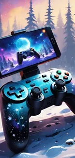Cosmic-themed gaming controller with winter backdrop and smartphone.
