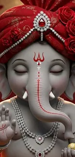 Intricate Ganesh artwork with red and grey hues.