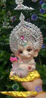 Ornate Ganesh statue with jewels, greenery, bubbles.