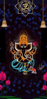 Vibrant Ganesh art wallpaper with colorful symbols and floral accents.