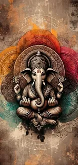 Artistic Ganesh wallpaper with mandala backdrop and vibrant colors.