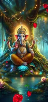 Vibrant Ganesh in a mystical forest with glowing lotus flowers and fairy lights.