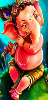 Ganesh playing flute art wallpaper with vibrant colors and cultural theme.