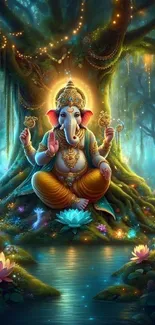 Ganesh meditating in a mystical forest with glowing lights and butterflies.