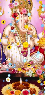 Vibrant Ganesh wallpaper with floral design and pink background.