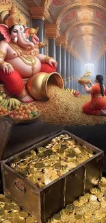 Ganesh surrounded by gold coins and offerings in a divine artwork.