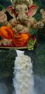 Lord Ganesha with a waterfall backdrop.