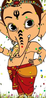 Cartoon Ganesha with colorful confetti background.