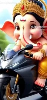 Ganesha riding a motorbike in vibrant art wallpaper.