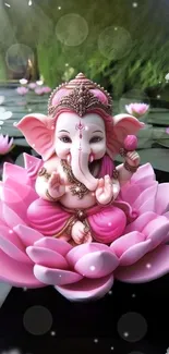 Ganesha statue on a pink lotus with water lilies.