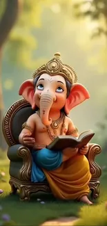 Ganesha deity reading in a tranquil forest setting on a throne.