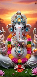 Lord Ganesha with vibrant garlands at sunset.
