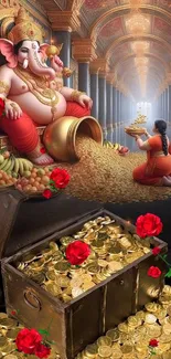 Ganesha with gold coins and red roses representing wealth and prosperity.