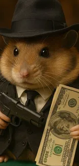 Hamster dressed as a gangster holding a gun and cash.