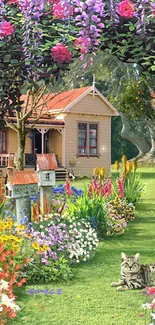 Vibrant garden archway with flowers and cottage.